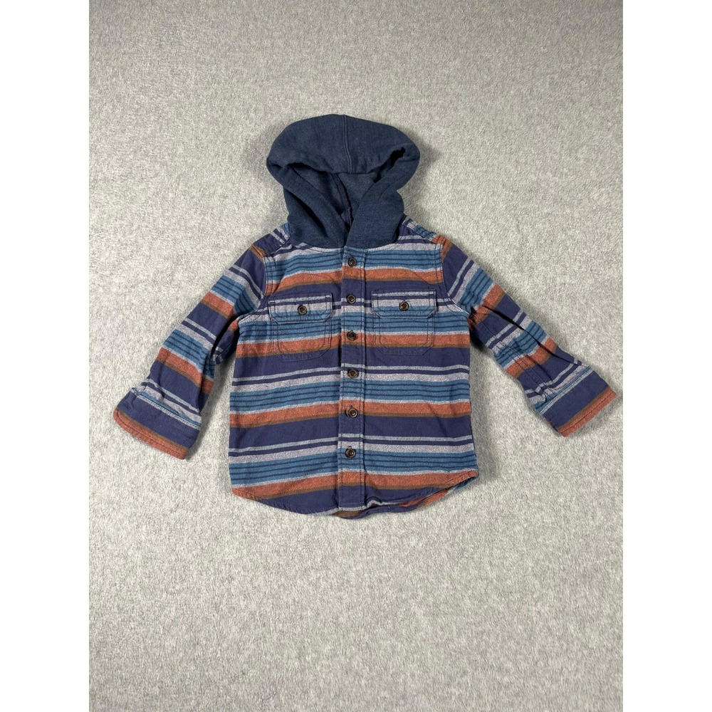 OshKosh B'gosh Toddler Boys Navy Orange Striped Hooded Flannel Shirt 2T